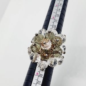 Vintage Glass Rhinestone Cocktail Cluster Domed Ring White Gray Adjustable
